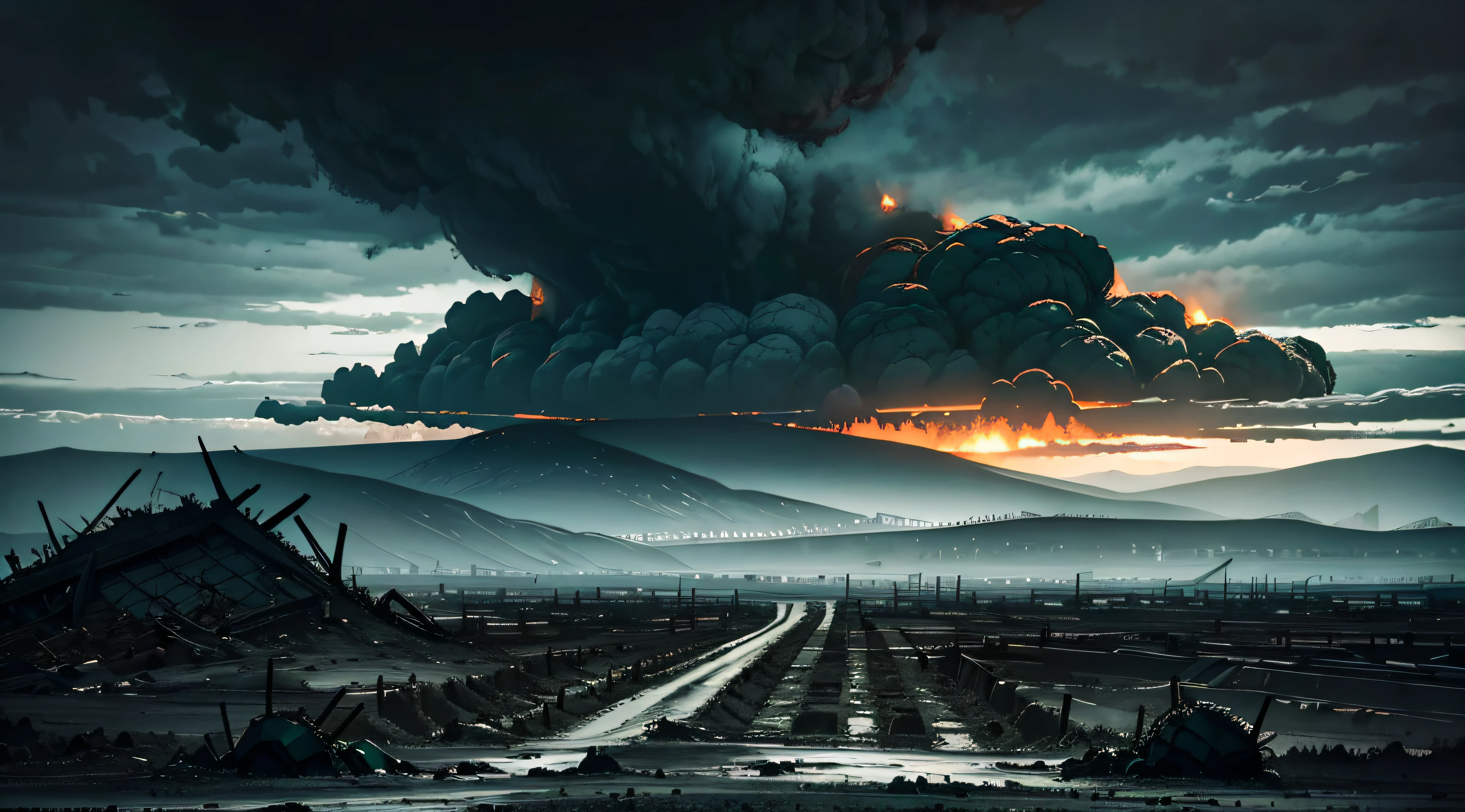 paisagem escura, paisagem assustadora, abomination of desolation, terrenos baldios pretos e cinzentos cheios de cinzas nucleares, clouded skies, muitas cinzas, ((terrenos baldios vazios)), (coberto de cinzas), dark lighting, (Toxic Emerald Dawn)