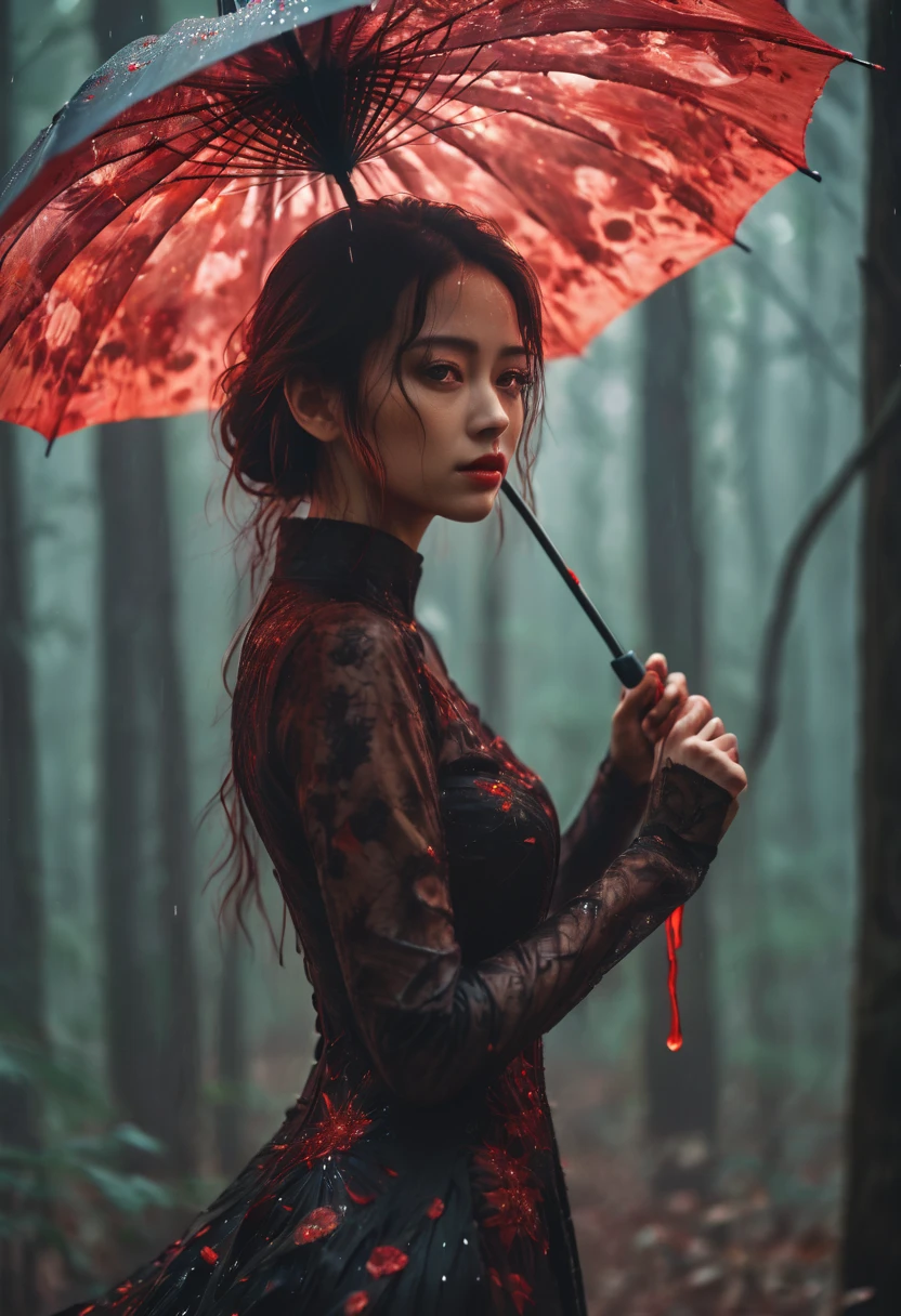 photo RAW, (Black and red : photo of a girl standing in the forest holding an umbrella, there's blood raining inside under the umbrella, shiny aura, highly detailed, black prada vogue style dress, biomechanical details, red spider lilies all around, intricate motifs, organic tracery, by Android jones, Januz Miralles, Hikari Shimoda, glowing stardust by W. Zelmer, perfect composition, smooth, sharp focus, sparkling particles, lively dark forest background Realistic, realism, hd, 35mm photograph, 8k), masterpiece, award winning photography, natural light, perfect composition, high detail, hyper realistic cinematic photo art RAW candid photo of (a beautiful girl standing straight in the forest holding a bloody umbrella), (blood dripping under the umbrella), detailed blood, holographic color, waterdrops, divine ( girl:0.3, dark brown hair:0.5 biomorph), emotionless expression, dark brown eyes, looking at the camera, biomechanical details,, natural lighting, style of h. r. giger, (sharp focus, hyper detailed, highly intricate), . Extremely high-resolution details, photographic, realism pushed to extreme, fine texture, incredibly lifelike,35mm photograph, film, bokeh, professional, 4k, highly detailed (detailed hands holding the umbrella)