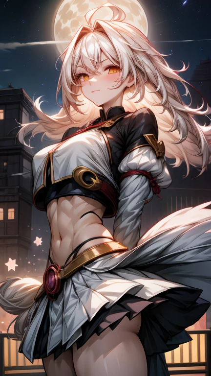 Anime girl, 1 anime girl, white hair, golden eyes, glowing eyes, thick hair, blown by the wind, crop top, skirt, blush, night, sakura flowers garden, stars, sunlight, starlight, fullmoon, rooftop garden, light city landscape, white skin, black and white outfit, beautiful, happy pose, Hands behind 