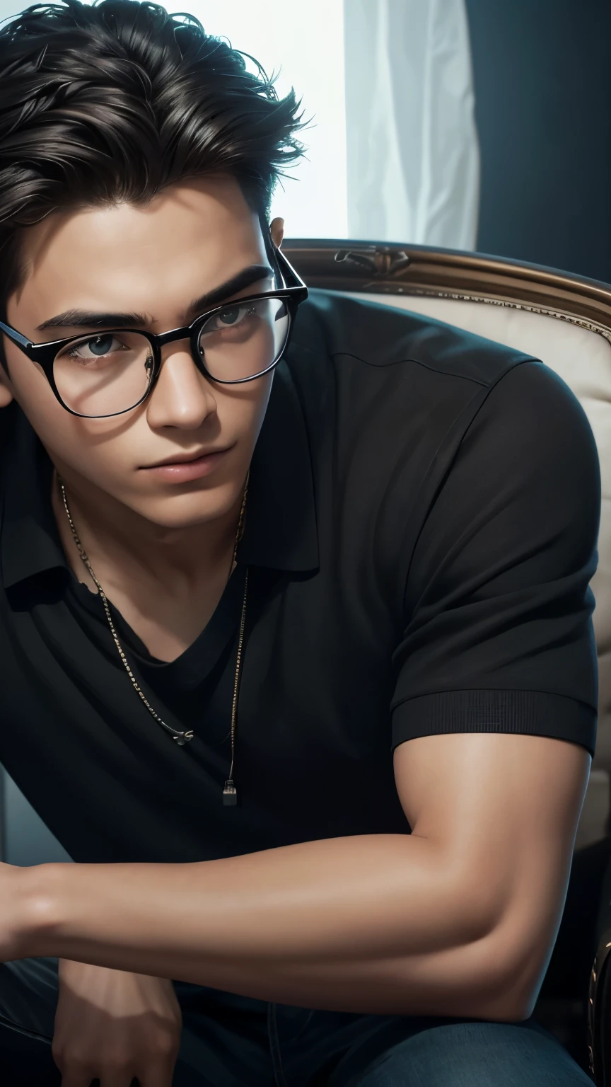 A captivating close-up portrait of a young teenage boy with glasses and stylish spectacles, his spiky hair, as he settles into a chair for a photoshoot. Black background,The realistic rendering of every detail, from the curve of his cheekbones to the refraction of light in his glasses, is brought to life in ultra-high definition, making for an image that truly pops. With each pixel meticulously crafted, the full HD image shines as a testament to the art of photorealistic digital art.