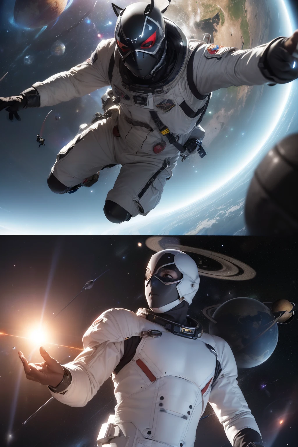 ((3 masked suit guys, RAW photos, top quality, masterpieces: 1.5), (realistic, photorealism: 1.4), (space suit, flying, universe, earth orbit: 1.2), high-definition RAW color photos, professional close-up photos, (mysterious, intriguing: 1.3), highest quality, best shadows, best illustrations, ((masked faces: 1.2)), ultra high resolution, high-definition CG unified 8K wallpapers, physically based rendering, movie lighting, (floating in space: 1.2), action pose, dynamic angles, ((planets, stars,