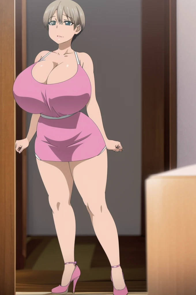 High resolution, Uzaki Hanna, 1girl, ((bimbo))), puffy lips, thick lips, wide hips, thick thighs, huge ass, enormous huge natural breasts mature woman, erotic face, shiny skin, high heels, full body, revealing cleavage, in a cruise