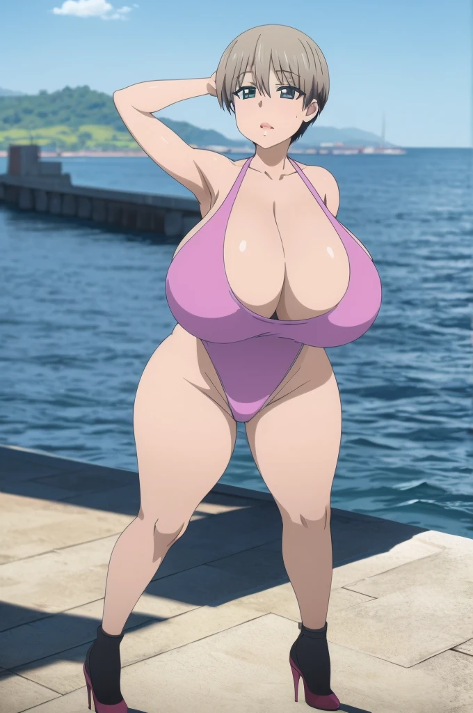 High resolution, Uzaki Hanna, 1girl, ((bimbo))), puffy lips, thick lips, wide hips, thick thighs, huge ass, enormous huge natural breasts mature woman, erotic face, shiny skin, high heels, full body, revealing cleavage, in a cruise