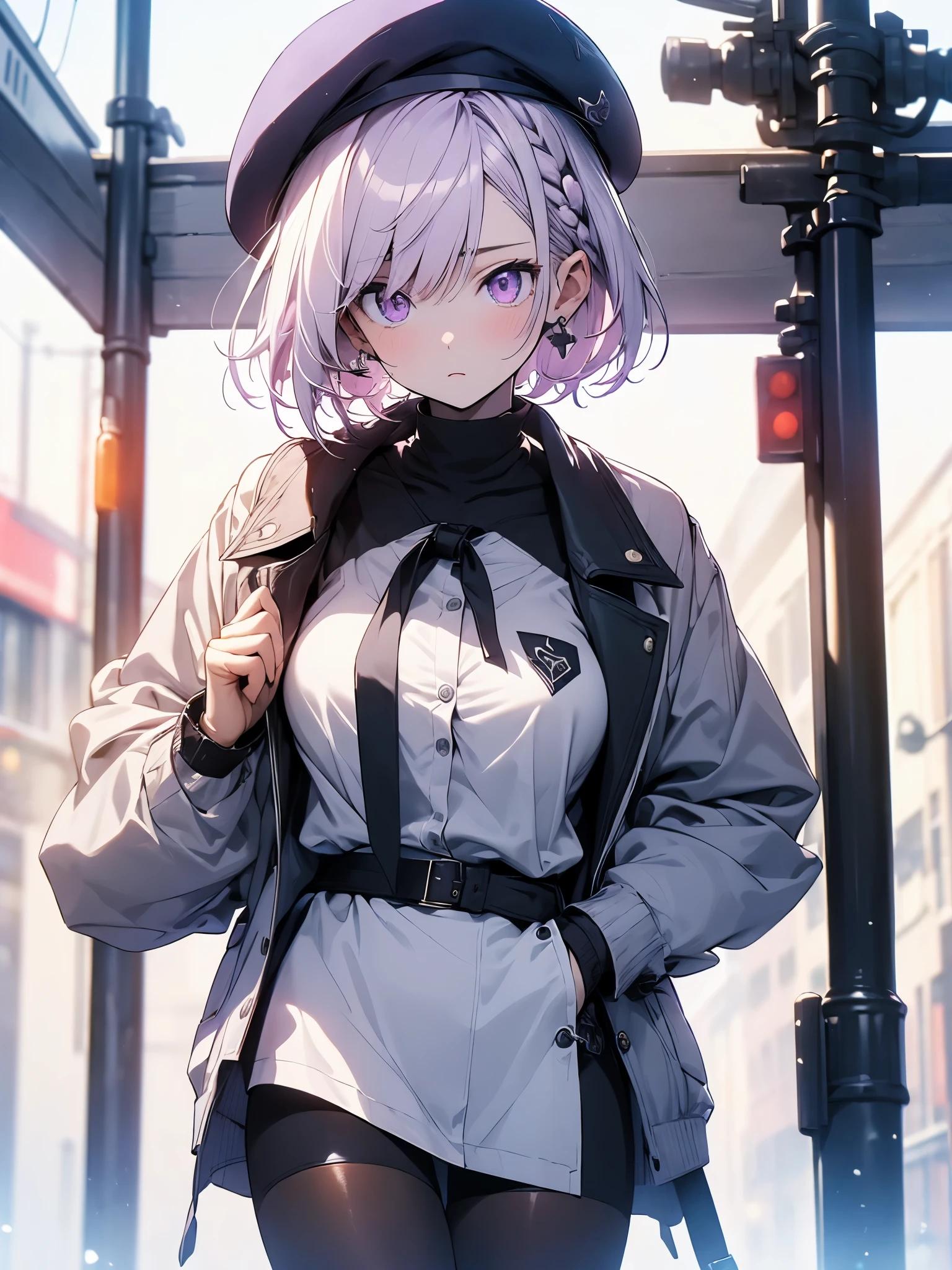 (table top:1.2, 最high quality), (細かく描かれたbeautiful目: 1.2), (beautiful and detailed face), (best illumination, 非常に繊細でbeautiful), Round sunglasses,((Cover both eyes)), (Both eyes are hidden)、totalitarianism, earrings, cute lips, beautiful, white shirt, black tie, sexy, beautiful照明, dynamic angle, The body is bent in a dogleg shape..、dynamic pose、high quality, 最high quality,1 girl, purple hair、The purplish pink eyes that dreamers desire, (blonde hair) , small height, big breasts, (cinematic light)), dramatic light, (pale white background:1.5), shoot from below、peek from below、short bob hair(1:3)、Braid a little around the ears, clavicle,((perfect fingers))、Stylish coffee shop、Absolute hands、A look of mockery、nffsw,fold your arms、grab your arm、((eye make up))、makeup、最high quality、big breasts、8K,(((perfect hands)))、only has 5 fingers、god angle、midwinter jumper、 最high quality、hyper hd、((Please match the length of the stockings))、Arafe woman in coat and hat talking on mobile phone, Fashionable woman, elegant girl in urban outfit, posing in an urban street, beret and sunglasses, Clothes in warm colors, wearing elegant clothes, wearing a french beret, standing in a city street, Woman in trench coat, modern fashion attire, pink hair,purple eyes
