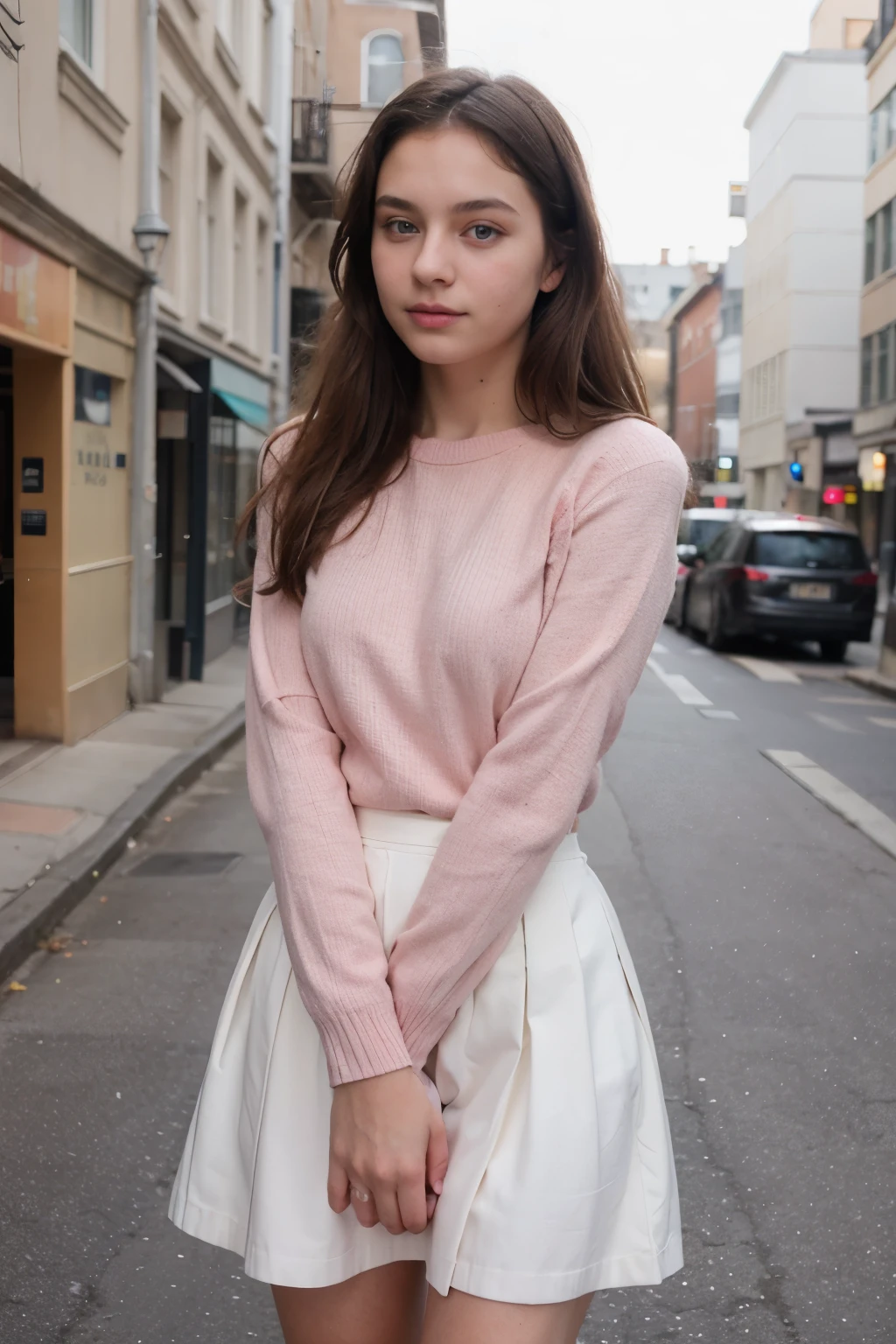 beautiful 14 years old girl, midi skirt, pink sweater, blue eyes, 1m65, 45kg