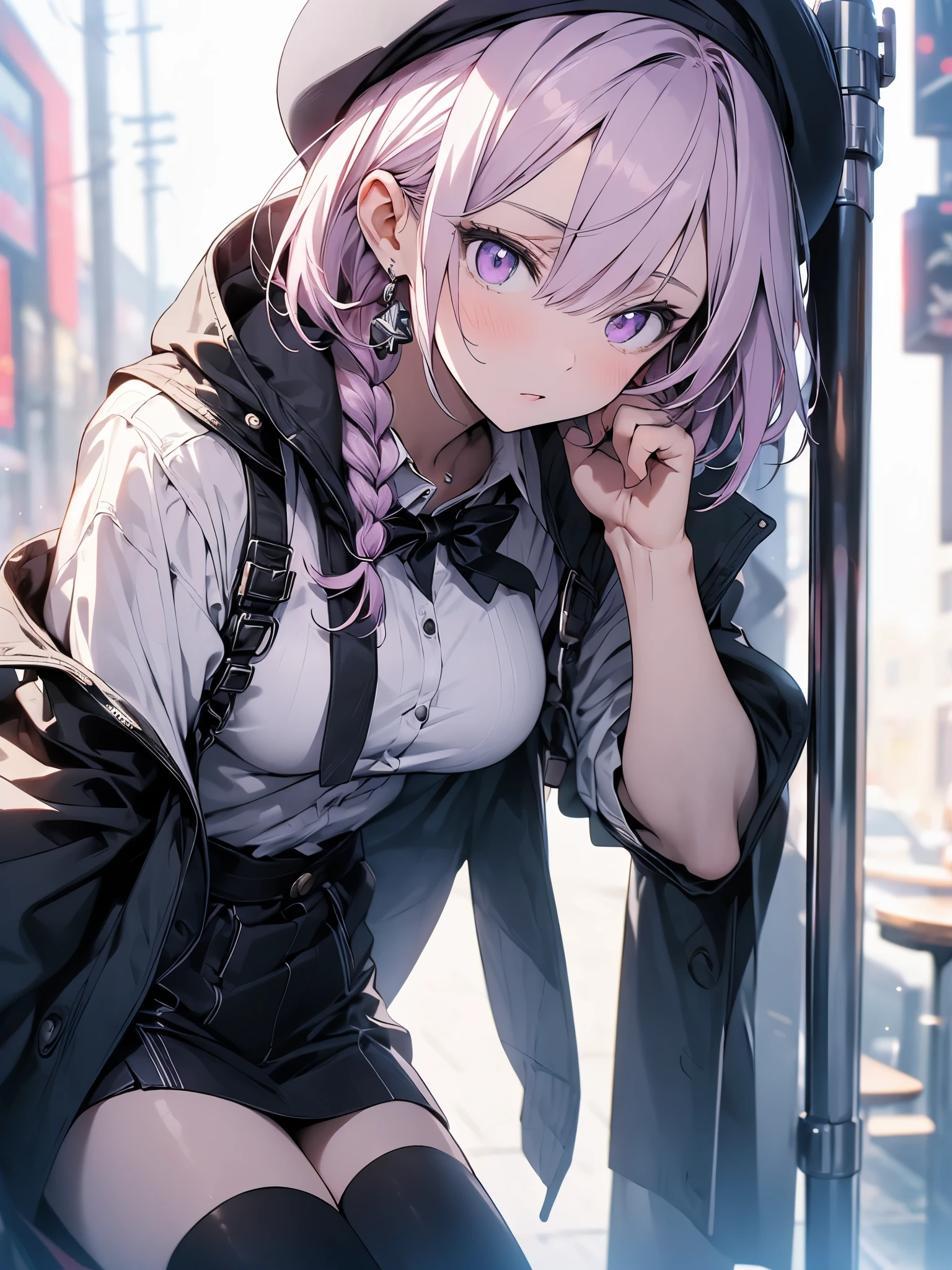 (table top:1.2, 最high quality), (細かく描かれたbeautiful目: 1.2), (beautiful and detailed face), (best illumination, 非常に繊細でbeautiful), Round sunglasses,((Cover both eyes)), (Both eyes are hidden)、totalitarianism, earrings, cute lips, beautiful, white shirt, black tie, sexy, beautiful照明, dynamic angle, The body is bent in a dogleg shape..、dynamic pose、high quality, 最high quality,1 girl, purple hair、The purplish pink eyes that dreamers desire, (blonde hair) , small height, big breasts, (cinematic light)), dramatic light, (pale white background:1.5), shoot from below、peek from below、short bob hair(1:3)、Braid a little around the ears, clavicle,((perfect fingers))、Stylish coffee shop、Absolute hands、A look of mockery、nffsw,fold your arms、grab your arm、((eye make up))、makeup、最high quality、big breasts、8K,(((perfect hands)))、only has 5 fingers、god angle、midwinter jumper、 最high quality、hyper hd、((Please match the length of the stockings))、Arafe woman in coat and hat talking on mobile phone, Fashionable woman, elegant girl in urban outfit, posing in an urban street, beret and sunglasses, Clothes in warm colors, wearing elegant clothes, wearing a french beret, standing in a city street, Woman in trench coat, modern fashion attire, pink hair,purple eyes