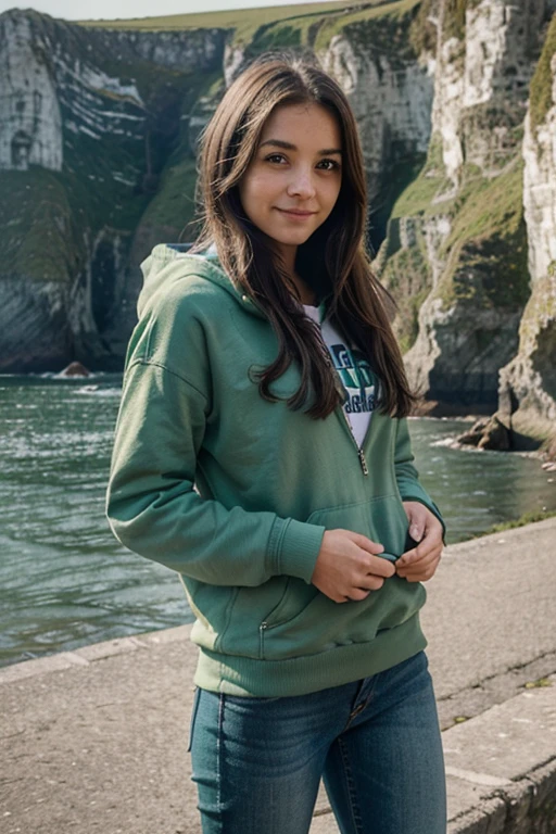 female student, with long green hoodie and jeans, at Cliffs of Mother Rreland, casual photo, detailed face, half body appers, carrying books , looking at camera straight, body facing the camera. natural pose, carrying school bag, college student, crowded street, happy face, beside the cliffs