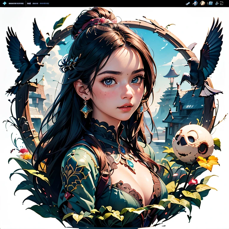 ((masterpiece, highest quality, hires, amazing detail, ultra detailed 1.1)), illustration, trending on artstation, panorama of fantasy city, cute girl stands in foreground, most beautiful in the world, medium length dark hair,
