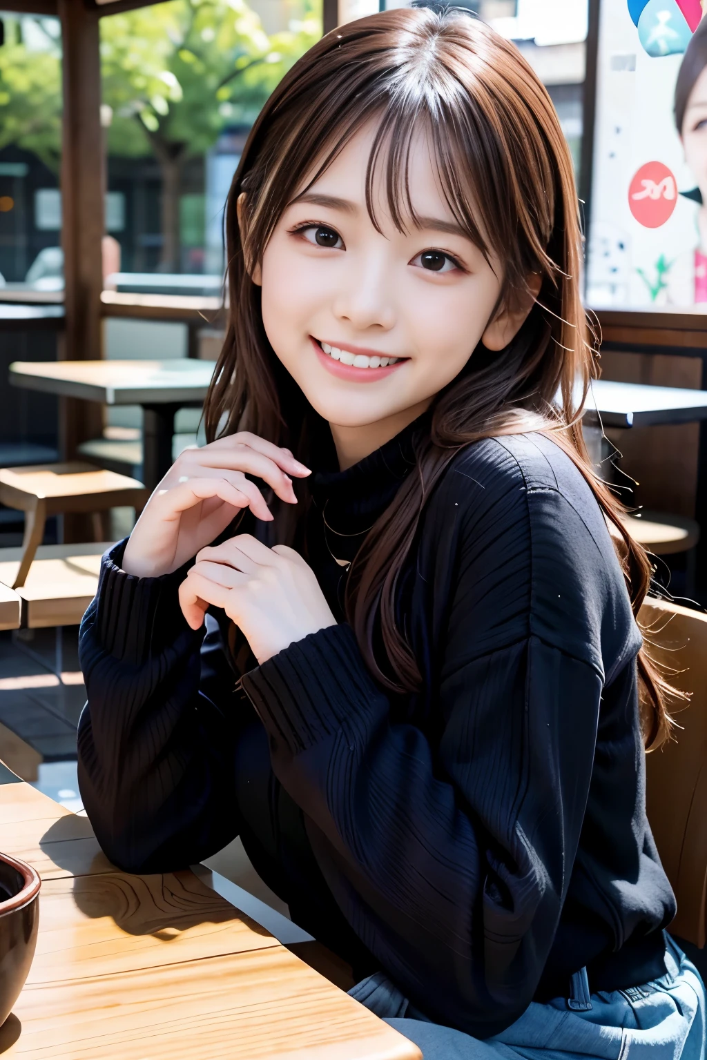  (8k, RAW photo, best quality, masterpiece:1.3), (realistic, photo-realistic:1.4), (extremely detailed 8k wallpaper), sharp focus, depth of field,
 Japanese idol,extremely cute,(),sweater, looking us and smiling, upper half of the body, extremely detailed face and eyes,((shiny skin:1.2)), cinematic lighting, soft light, blur background, bokeh, Modern interior of a Tokyo café