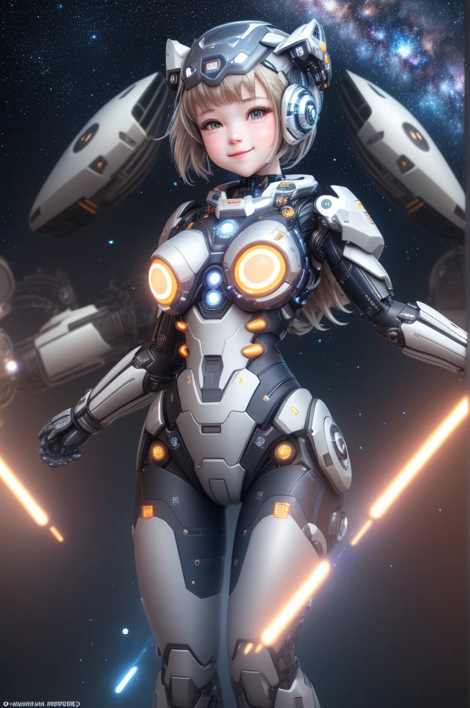 Machine girl,High-tech metal clothing,complex lines,Geometric Energy Interface,naïve,cute,Cute,smiley face,starry sky,Milky Way,universe,Thick coating,Beautiful two-dimensional,Ultra-high-definition CG,3D rendering,Ultra HD 8K