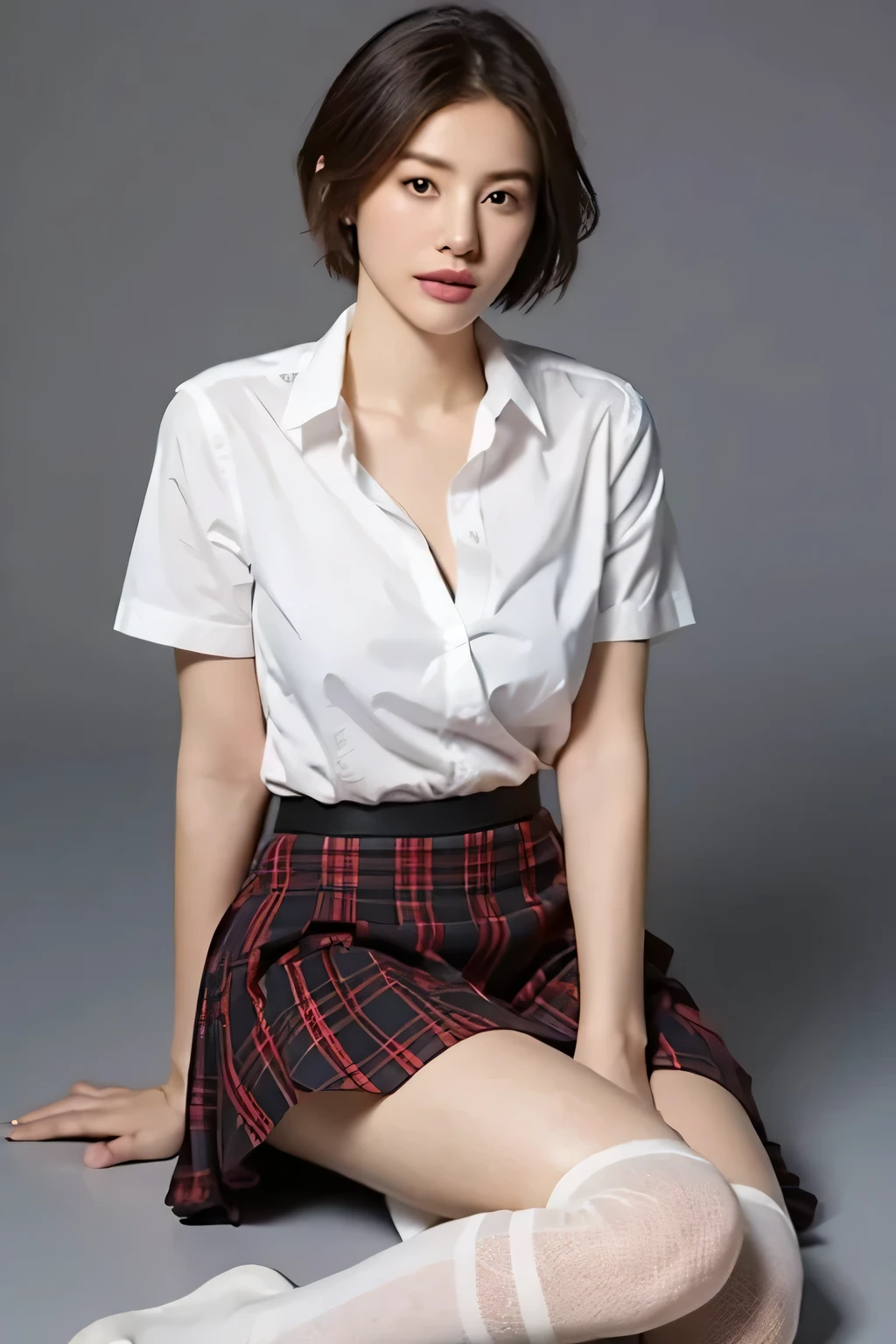 (highest quality,8K,masterpiece),studio photography,
Very beautiful Japan models,fine skin,realistic skin, lip gloss,rouge,
very short hair,pixie cut,
School_uniform, 大き目のイヤリング
big breasts,peach,
plaid skirt, white shirt, big breasts,emphasize cleavage,See-through knee socks,
gray background