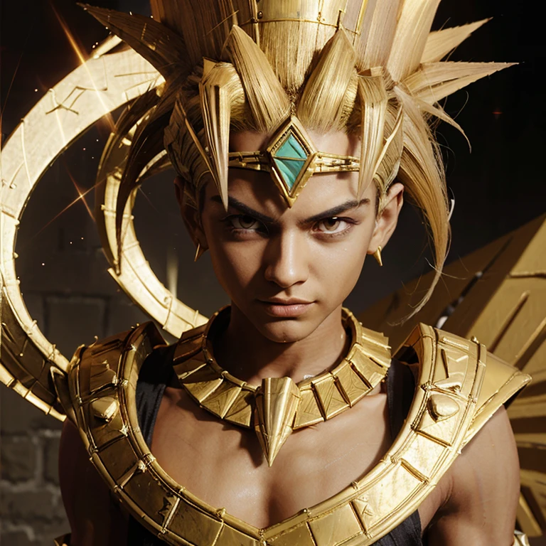 But the hero can be the pharaoh atem type of character but instead of red gold and black spiked hair it can look like base version gotenks color wave with yami-yugi(pharaoh atem) type of hair