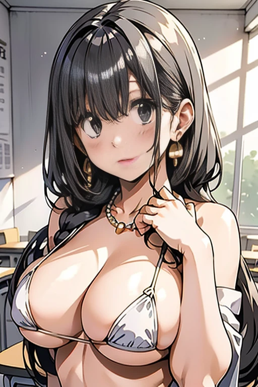 white pattern micro bikini、photostudio、gray wall、,gold necklace、pearl earrings、photostudio、gray wall、((big breasts))、thighs、a cute girl、inside the classroom、Hands on chest、hands raised behind one's back、sexy pose、