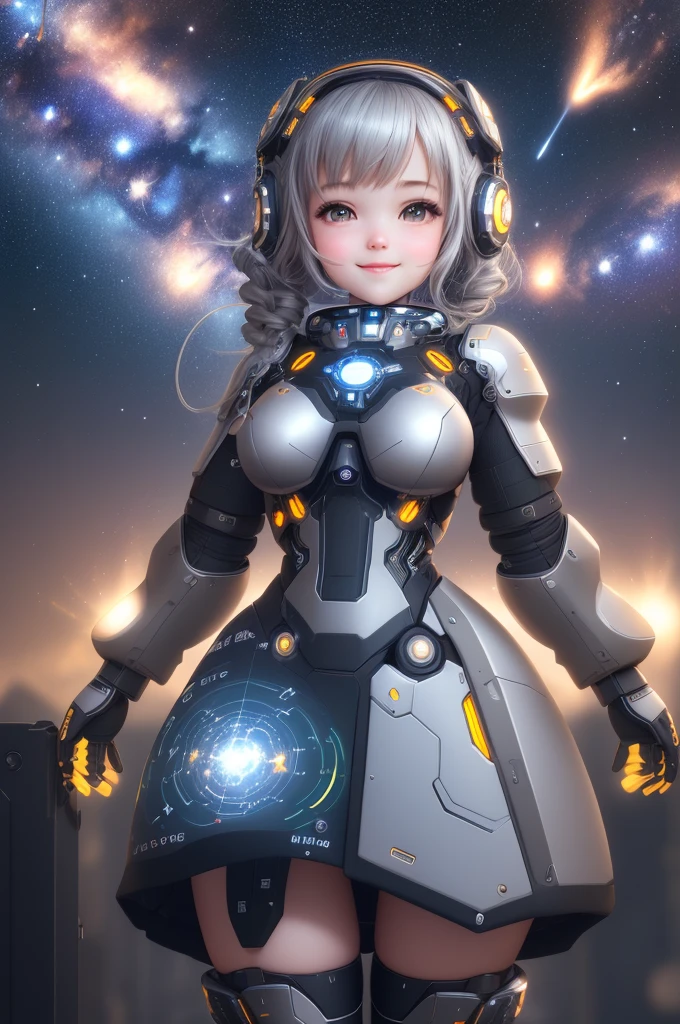 Machine girl,High-tech metal clothing,complex lines,Geometric Energy Interface,naïve,cute,Cute,smiley face,starry sky,Milky Way,universe,Thick coating,Beautiful two-dimensional,Ultra-high-definition CG,3D rendering,Ultra HD 8K