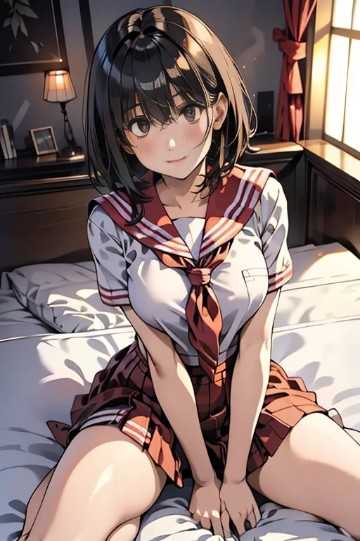 1 girl, Japanese gravure model, Mideum straight-haired, bangs, (white skin:1.1),Cute beautiful Iful Girl, medium breasts, clean facial skin, Naive and serious innocent girl, Break Sexy Feeling, It feels erotic, (Hot Pillow Hotel Rooms:1.2), (Immediately after sex :1.1), (Japanese high school uniform with sailor collar:1.2), sailor suit, red scarf, (pleated check skirt:1.3), (dynamic angle, dynamic pose:1.3), break a masterpiece, highest quality, High resolution, be familiar with skin, be familiar with, be familiar with face and eyes, high resolution, Natural light, perfect anatomy, Physically based rendering, realistic, symmetrical clear eyes, well-groomed face,laughter、short hair、