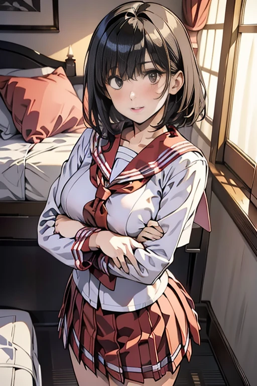 1 girl, Japanese gravure model, Mideum straight-haired, bangs, (white skin:1.1),Cute beautiful Iful Girl, medium breasts, clean facial skin, Naive and serious innocent girl, Break Sexy Feeling, It feels erotic, (Hot Pillow Hotel Rooms:1.2), (Immediately after sex :1.1), (Japanese high school uniform with sailor collar:1.2), sailor suit, red scarf, (pleated check skirt:1.3), (dynamic angle, dynamic pose:1.3), break a masterpiece, highest quality, High resolution, be familiar with skin, be familiar with, be familiar with face and eyes, high resolution, Natural light, perfect anatomy, Physically based rendering, realistic, symmetrical clear eyes, well-groomed face,laughter、short hair、