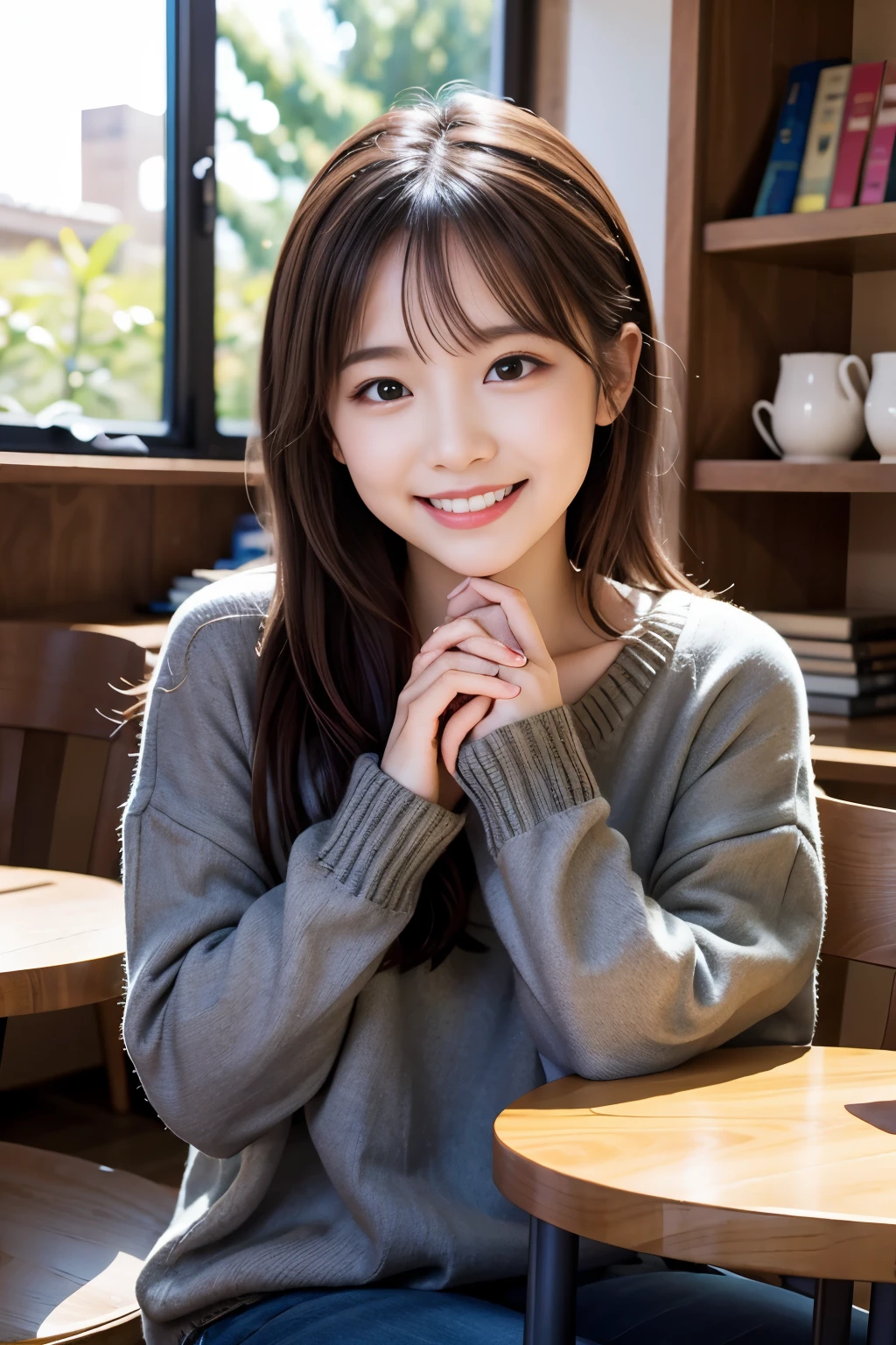 (8k, RAW photo, best quality, masterpiece:1.3), (realistic, photo-realistic:1.4), (extremely detailed 8k wallpaper), sharp focus, depth of field,
Japanese idol,extremely cute,(),sweater, looking us and smiling, upper half of the body, extremely detailed face and eyes,((shiny skin:1.2)), cinematic lighting, soft light, blur background, bokeh, Quiet reading café with rows of bookshelves