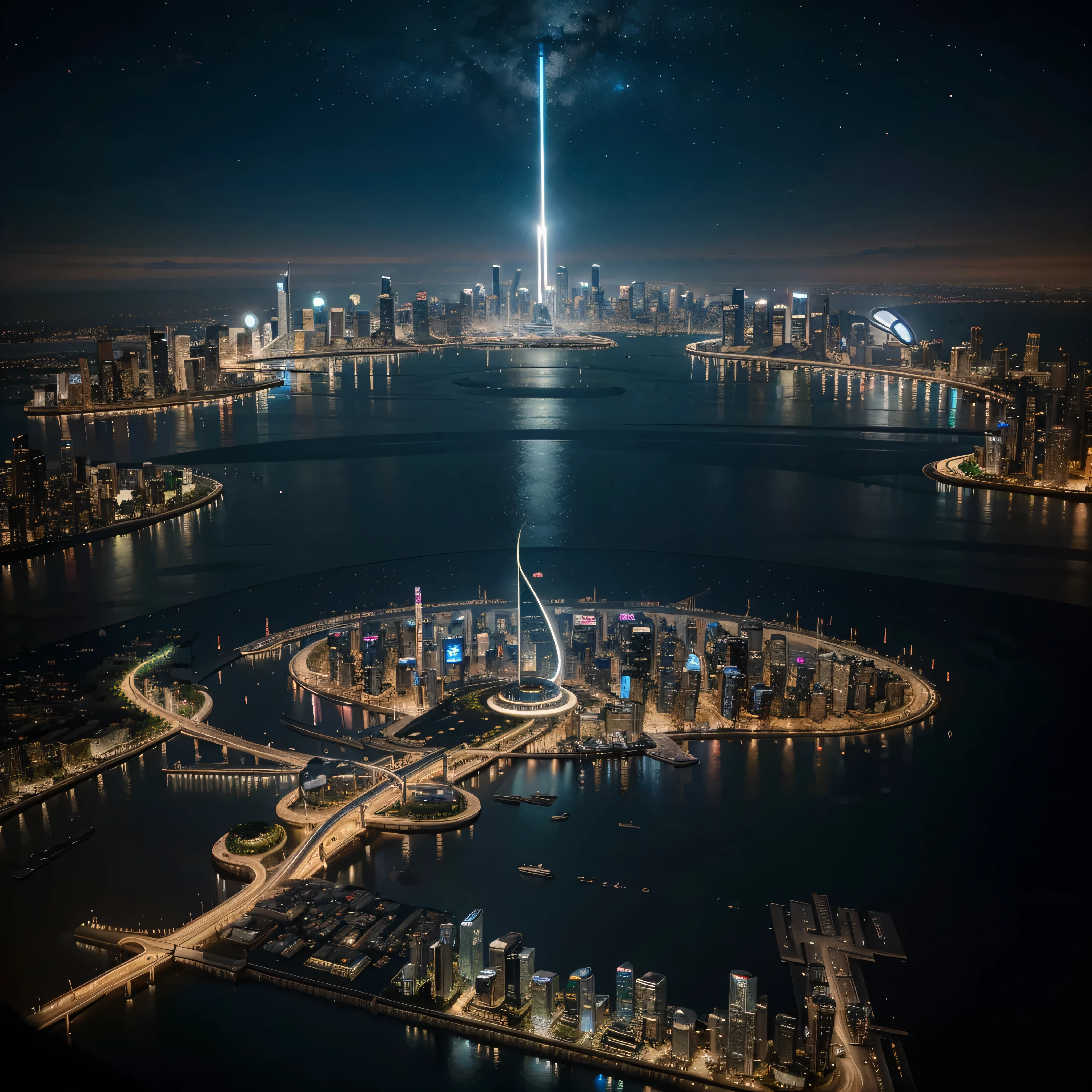 Cena noturna da cidade com estrutura circular no meio, Spaceport of the future, photo of A cidade do futuroscape, Utopian cities of the future, in the city of fantasy and science fiction, futuristic alien city, A cidade do futuroscape, alien A cidade do futuro, Beautiful A cidade do futuro, otherwordly A cidade do futuro, A cidade do futuro scape, vista of A cidade do futuro, A cidade do futuro, spaceport city,A circular cyber city at sea,A sense of technology of the future,centro brilhante,noite bonita,Neon light rendering