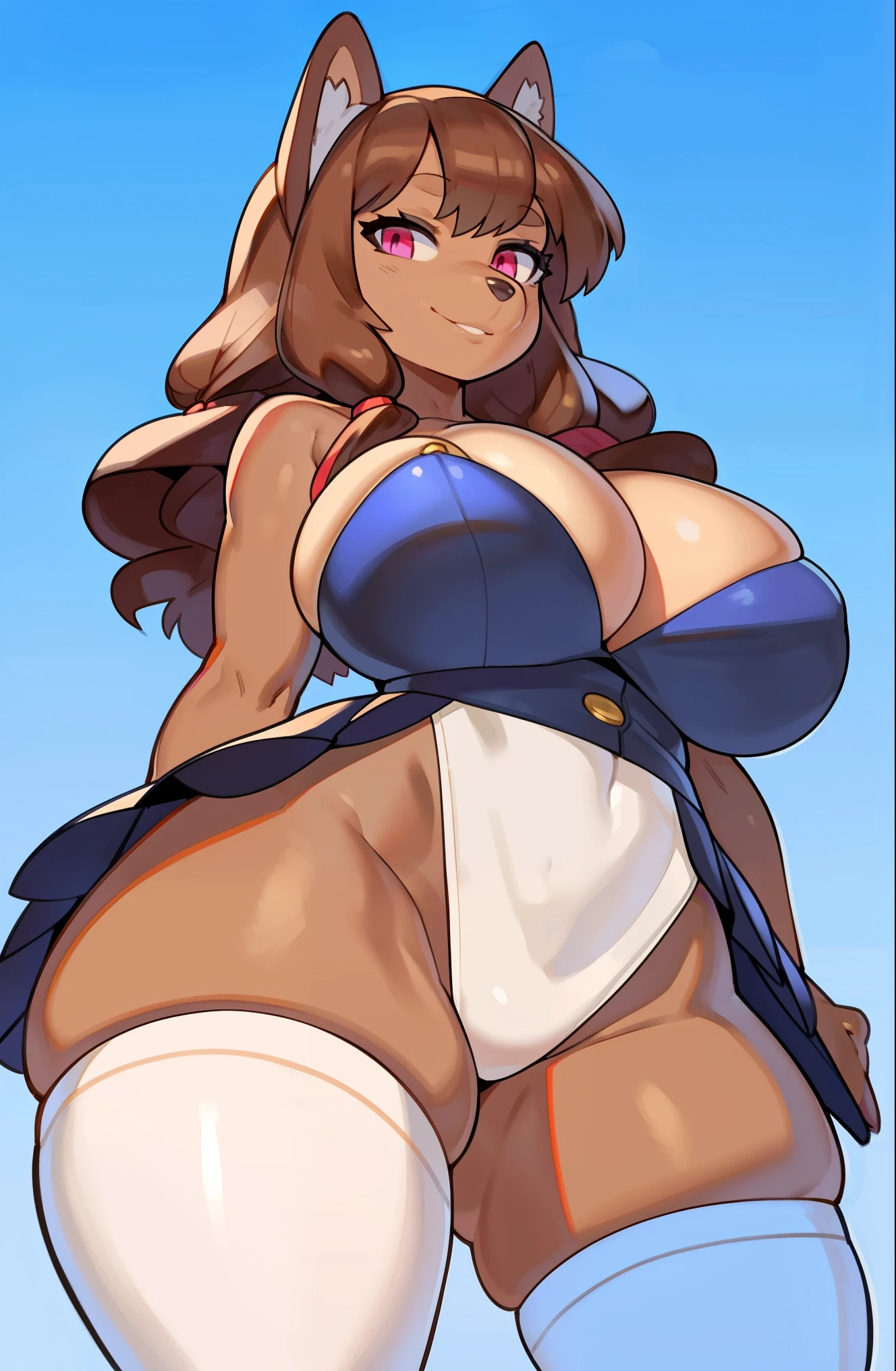 by buta99, by chelodoy, by spikedmauler, by cervina7, solo, female, standing, looking at viewer, ((hair, snout)), smiling, lips, eyelashes, eyeliner, big breasts, cleavage, canine, , light brown fur, chocolate labrador, domestic dog, pink eyes, sexy, light brown hair, long curly brown hair, skinny, small waist, super skinny,huge thighs, huge ass, big eyes, kawaii style, white thigh high socks, skirt
