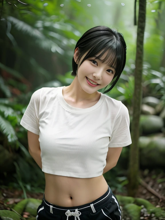 top-quality,masterpiece,Raw photography,8K,Top image quality,hight resolution, 18 years old Japanese female idol ,Beautuful Women,cute Japanese girls, Pretty Woman ,Beautiful face in every detail, aegyo sal ,small head, seductive smile ,Realistic human skin, pale skin ,cut model , Short hair ,bowl cut ,skinny body ,Sweat, wet,t-shirts,rib ,(low rise pants, waist shoes ) from below, constriction, anterior superior iliac spine ,navel focus, arched back,in the forest,heavy rain, blurry background