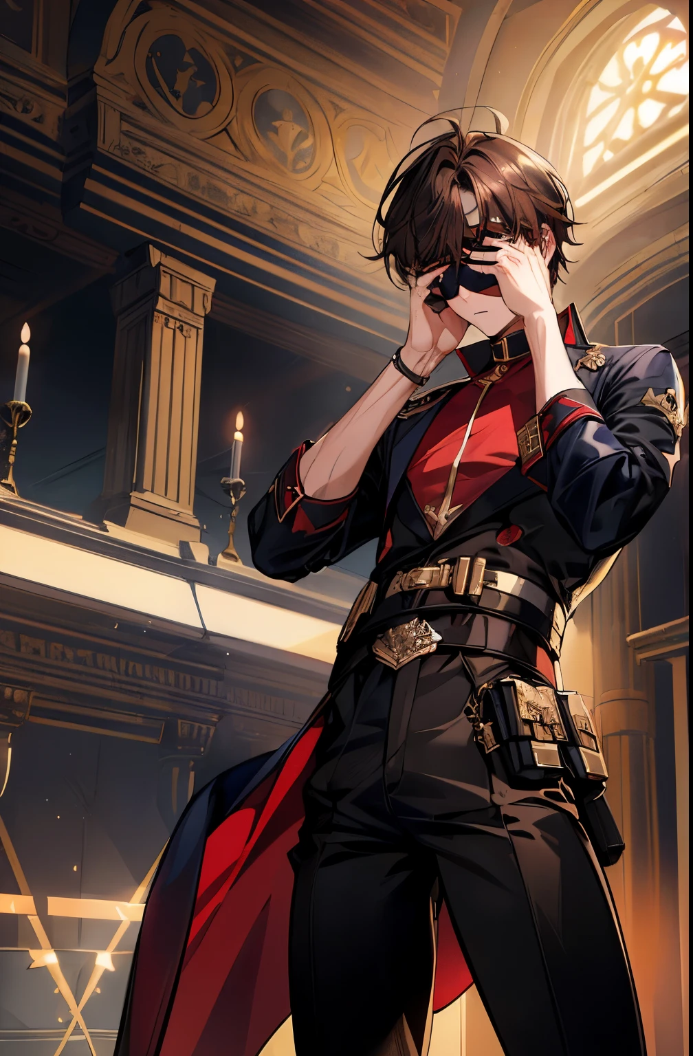 (​masterpiece、top-quality、absurderes)、 18-year-old adult male, Detailed pupil glow, short, twitchy dark brown hair, Long bangs, gold and red eyes, Dark Blue Shirt, black pants, Contre-Jour, large goggles covering his eyes, utility belt