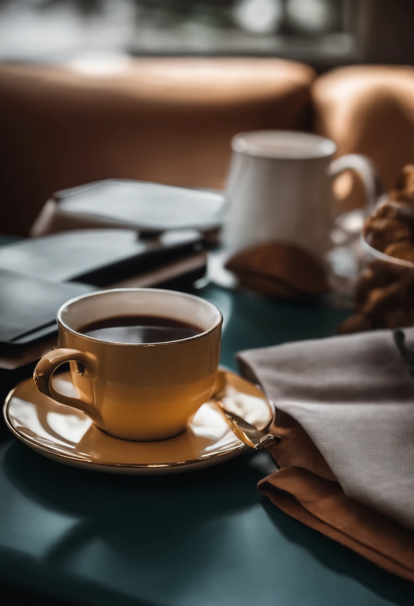 guten morgen, kaffeetasse auf rusikalen tisch, daneben mac book, business, esthetic, fotorealistisch, instagram