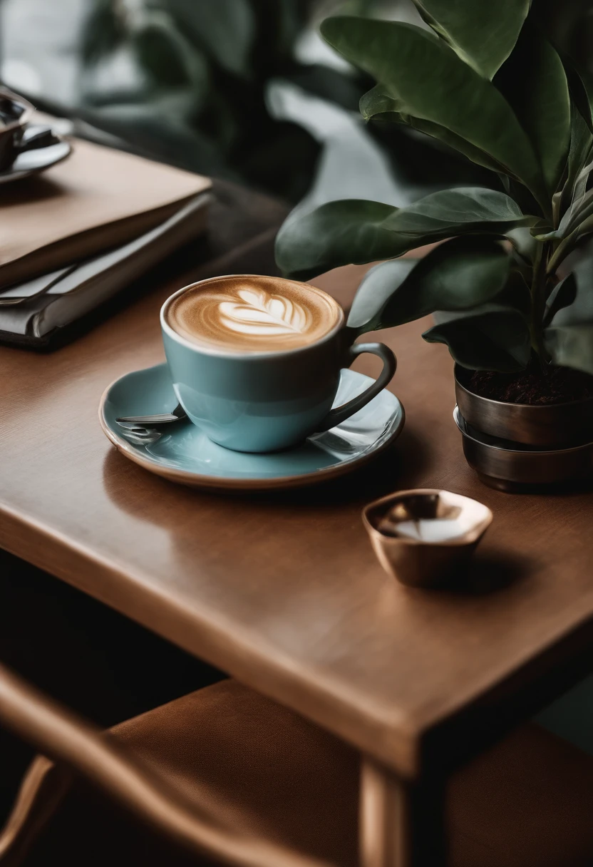 guten morgen, kaffeetasse auf rusikalen tisch, daneben mac book, business, esthetic, fotorealistisch, instagram