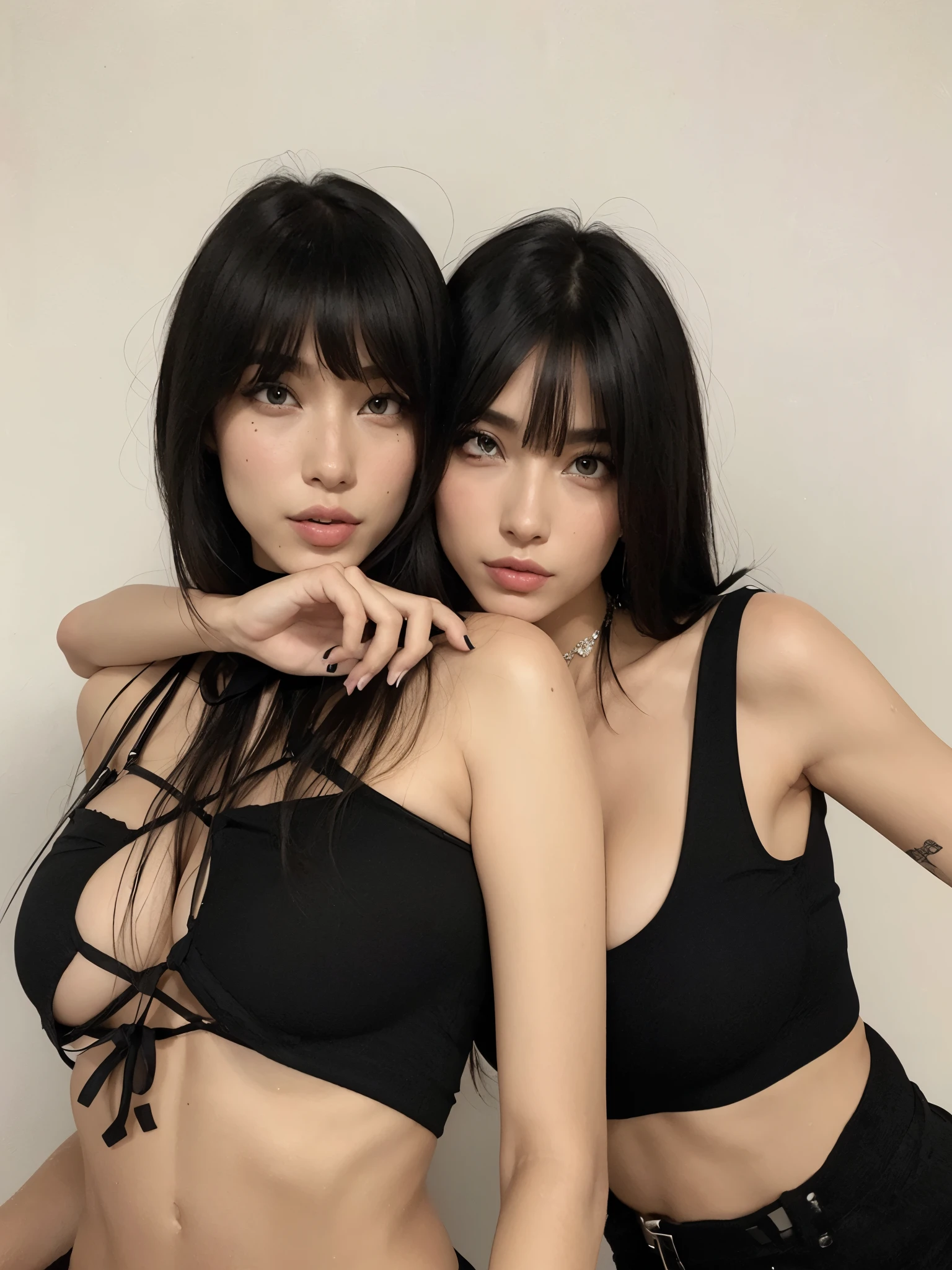 two women in black tops and black pants posing for a photo, posing together in bra, beautiful gemini twins, beautiful gemini twins portrait, ela tem cabelo preto com franja, imagem de perfil, with a twin, dois modelos no quadro, inspirado em Wang Duo, com preto, Ayami Kojima e Lyde Caldwell, Duas garotas, twins, modelo do instagram