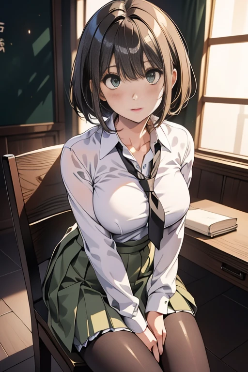 8K, highest quality, real image, intricate details, super detailed, Super high resolution, depth field,(realistic,Realisticな:1.2),table top, 0.25 :: close , straight shot , From the middle ,1 girl, 。.。.。.。.。.。.。.Eye_Zen, very beautiful 17 year old girl, innocent big eyes, (Brown_short_hair), (green_eye:1.0),(Bangs Airlines),disheveled hair,(hair pin), perfect shiny skin, perfect skin, 色white, huge breasts, cleavage, tight waist, light blush, alone, view viewer, light smile,chubby under clothes, Sweat,wear ((School_uniform), (white_skirt),(green_length_tie), (green_pleats_skirt), (black_pantyhose) :1.2), (sculpture installation :1.1),sunset ,High School in Japan ,(no:1.5), closeup cleavage, master piece, best quality, RAW photography, Realistic, face, incredibly absurd solution, Depth of bounds written, High resolution, Ultra - detAi body drive, small details, very detailed, 非常に詳細なeyeとface, sharp pupils, Realisticな生徒, fix a sharp focus, cinematic lighting、わずかな笑face