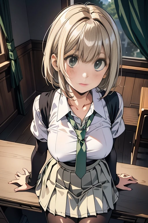 8K, highest quality, real image, intricate details, super detailed, Super high resolution, depth field,(realistic,Realisticな:1.2),table top, 0.25 :: close , straight shot , From the middle ,1 girl, 。.。.。.。.。.。.。.Eye_Zen, very beautiful 17 year old girl, innocent big eyes, (Brown_short_hair), (green_eye:1.0),(Bangs Airlines),disheveled hair,(hair pin), perfect shiny skin, perfect skin, 色white, huge breasts, cleavage, tight waist, light blush, alone, view viewer, light smile,chubby under clothes, Sweat,wear ((School_uniform), (white_skirt),(green_length_tie), (green_pleats_skirt), (black_pantyhose) :1.2), (sculpture installation :1.1),sunset ,High School in Japan ,(no:1.5), closeup cleavage, master piece, best quality, RAW photography, Realistic, face, incredibly absurd solution, Depth of bounds written, High resolution, Ultra - detAi body drive, small details, very detailed, 非常に詳細なeyeとface, sharp pupils, Realisticな生徒, fix a sharp focus, cinematic lighting、わずかな笑face