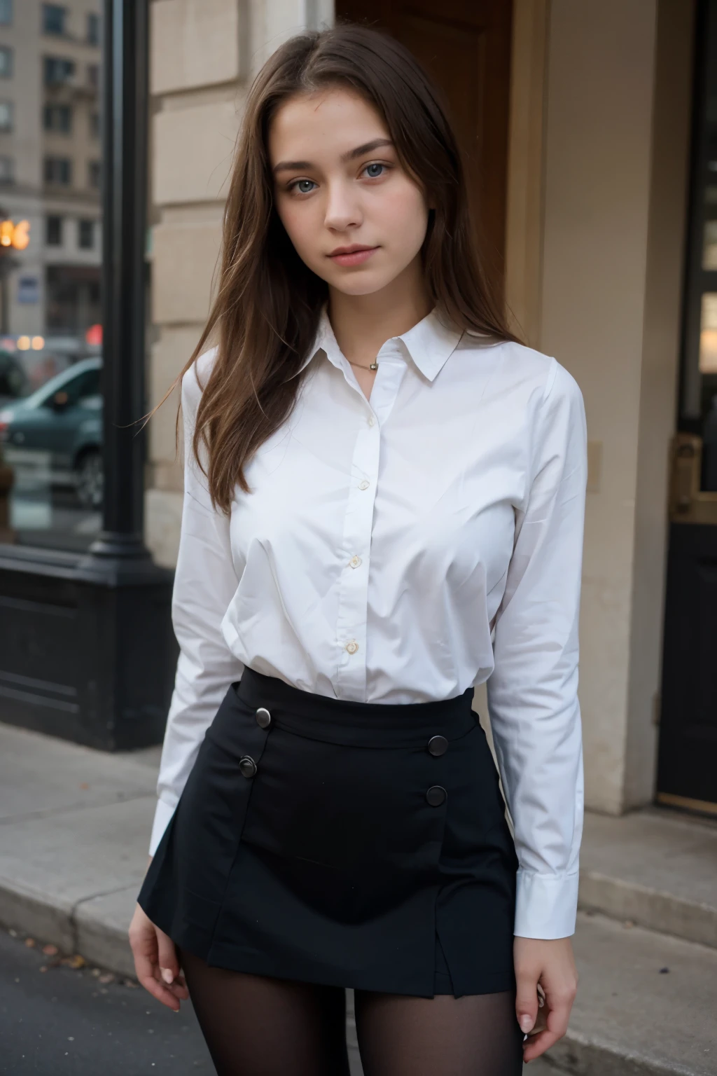 beautiful girl, blouse with first 3 buttons open, front buttoned skirt, tights, blue eyes, 1m65, 45kg