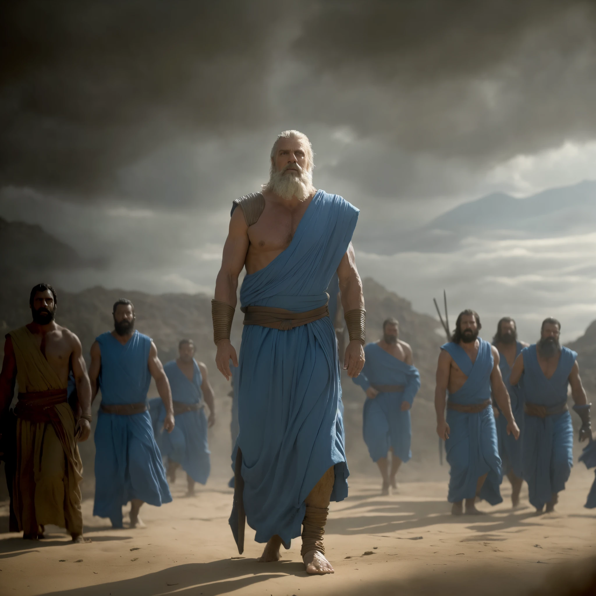 blurred image of a man in a blue robe walking in front of a group of men, biblical epic film, Filme 8K ainda, liderando espartanos na batalha, filme ainda 8k, na captura de tela do filme 300, por Scott M. Fischer, epic scene of Zeus, filme still de deus da guerra, ainda de um filme de fantasia, papel de parede hd