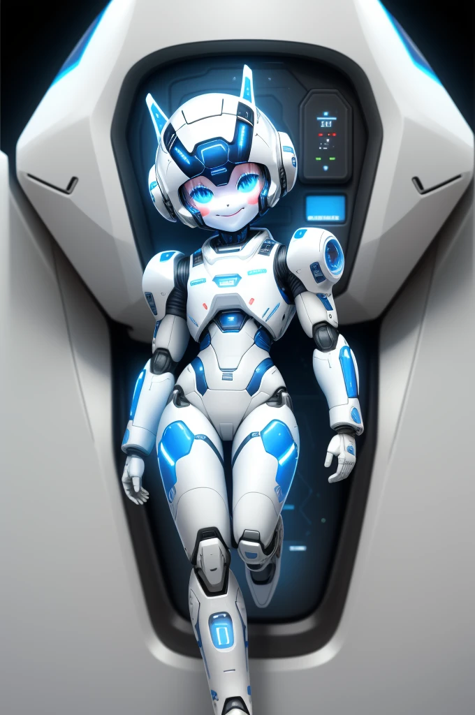 A small and cute robot,The face is smiling on the machine panel,Sleek body,comfortable lines,Wearing a white spacesuit with blue lines,Stepping on the spaceship