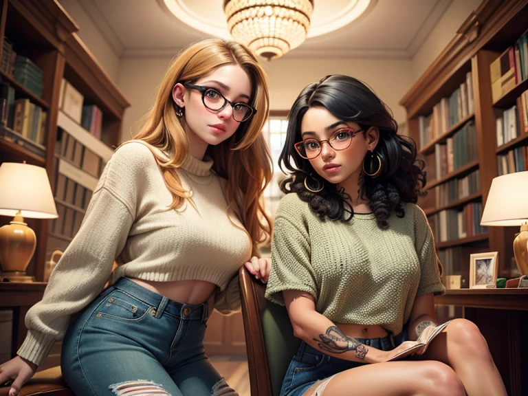Two Gorgeous artsy women, long flowing thick natural hair, dressed in knit sweaters and ripped jeans pants, jewelry, tattoos, indie punk aesthetic, beautiful athletic body, lovely lively expressive eyes, painting in a library in autumn, lovely colorful lighting, Cheery atmosphere, flirty, freckles, gorgeous face, very tan skin, incredible detail to texture, in love, green eyes, lots of color, photorealistic, masterpiece, absolute babe,
Colorful outfit, patterns, glasses, sitting down in chairs behind a table reading