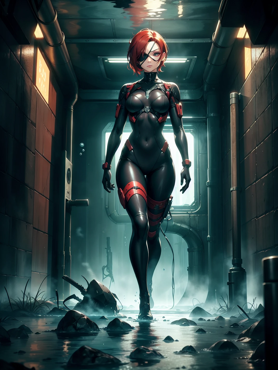 masterpiece, best quality, masterpiece, best quality, finely detail, beautiful detailed eyes, ultra detailed, extremely beautiful CG, super detailed skin, best quality, intricate, {{high quality}}, extra colors, 2D, megapixel, perfectionism, accent lighting, full HD, 4K, villain, dark heroine, 1girl, full body, 1girl, solo female, mature female, full body, contrapposto, resident evil laboratory, metal gear solid v, metroid underwater level, collarbone, red hair, red eyes, short hair, beautiful detailed eyes, weird red hair, short red hair, evil, medium_breasts, best quality, beautifully detailed face, ray tracing, DOF,HDR, thighhighs, fingerless_gloves, skintight clothe, fully clothed, gloves, (eye patch on left eyes:1,2 ), sneaking_suit, tactical gear, tactical uniform, camouflage bodysuit, skintight bodysuit, sneaking_suit, tactical gear, full clothed, indoors, horror movie ambience, character scale for the background, underwater ambience background, science fiction background, indoor, deep underwater base background, glowing, deep underwater base, deep water, official art, water infiltration, deep water through window, Pipeline under water, science fiction laboratory, deep underwater science fiction laboratory background, low water level on ground, corridor, submarine interior,