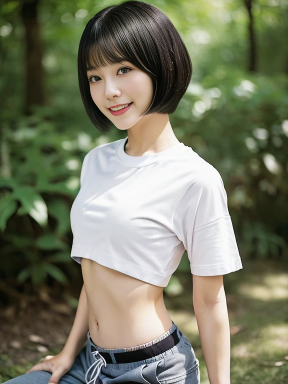 top-quality,masterpiece,Raw photography,8K,Top image quality,hight resolution, 18 years old Japanese female idol ,Beautuful Women,cute Japanese girls, Pretty Woman ,Beautiful face in every detail, aegyo sal ,small head, seductive smile ,Realistic human skin, pale skin ,cut model , Short hair ,bowl cut ,skinny body ,Sweat,t-shirts,rib ,(low rise pants, waist shoes ) from below, constriction, anterior superior iliac spine ,navel focus, arched back,blurry background