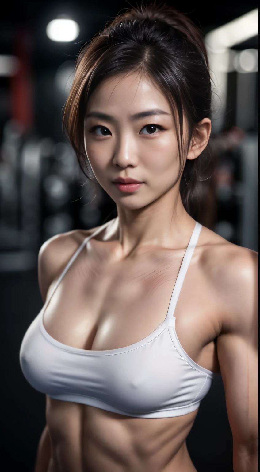 (dynamic photograph of a 58 year old Japanese woman), (slim top, cotton panties, MMA gloves), (straight non curly hair), (highly detailed face:1.4), (vascular muscles and abs:1.3), (background inside light, bright, private gym:1.1), (8k, uhd, dslr, high quality, cinematic lighting, bokeh), (dramatic, award winning photography, incredible masterpiece:1.3), (((sexy sultry stare at camera:0.8))), close up, ((she is ready to dominate you:0.5)), ((beautiful feminine face)) (she is a champion MMA fighter), add_detail:1