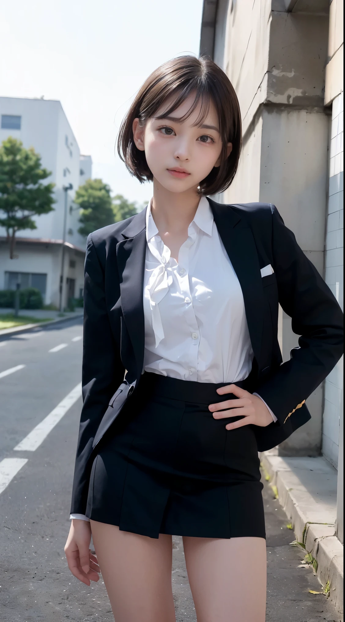 ((highest quality、(NSFW、((camel toe))、highest quality、masterpiece、Super high resolution、8K、highest quality、Drawn details)、(I photographed the whole body、stand)、(tilt one's head)、Photographed from a side angle、17-year-old high school girl、very beautiful shape、Take off your navy blue blazer uniform、dark blue mini skirt、Take off your white shirt、ribbon tie、Beautiful girl with black hair、black short hair、Secure your hair with white hairpins、Show ears、、Scenery behind the school building、Wind behind the school gymnasium、please open your legs、show off your crotch
