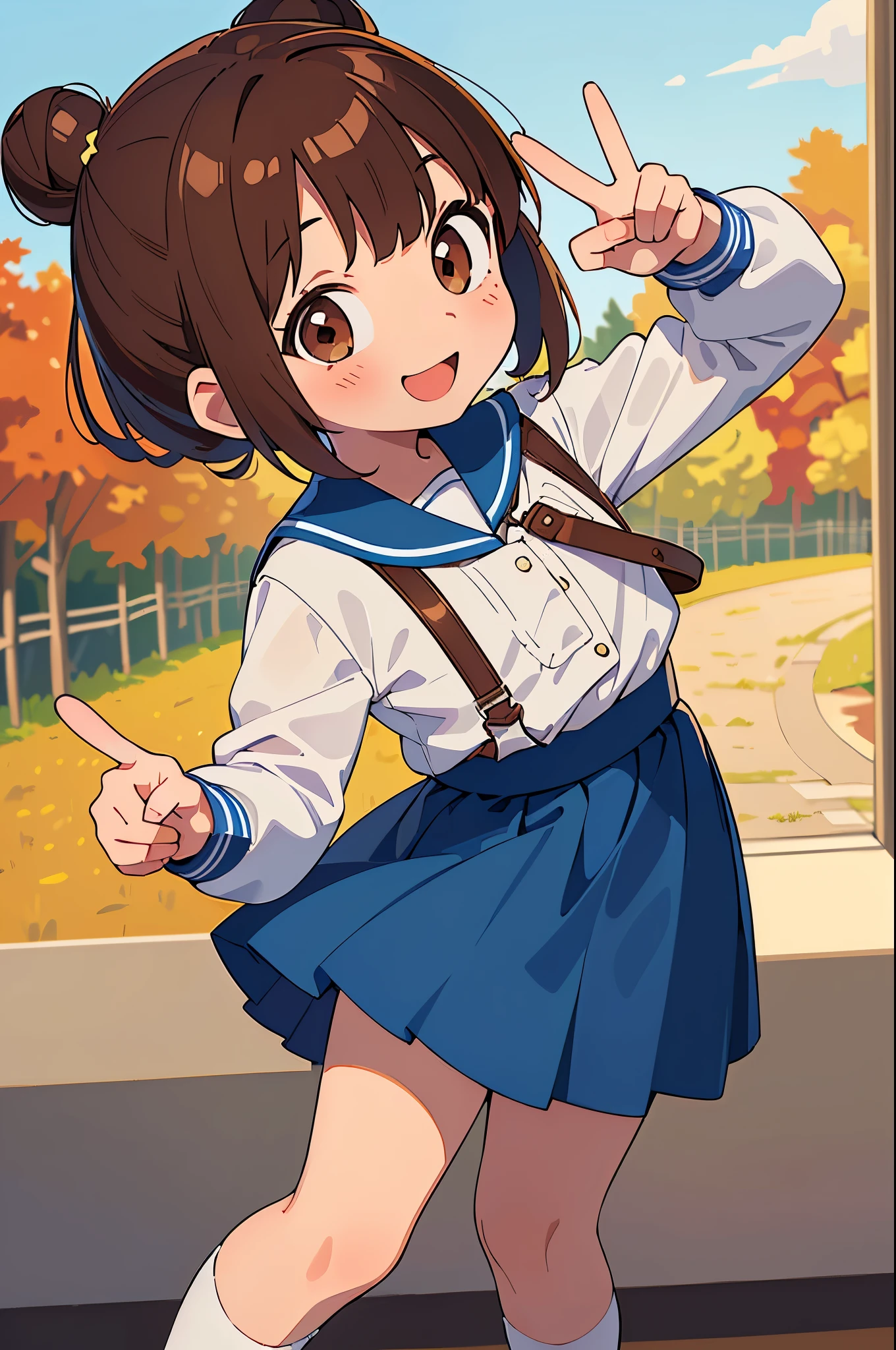 (best quality,ultrares,masterpiece:1.2) 1 asian girl, 6 years old, very young, (its the morning in autumn and she's starting her first school year, she is very excited and impatient), peace sign, smiling widely, she has brown hair in low bun and brown eyes, (she is wearing a white blouse, blue skirt, white socks), she has a blue backpack