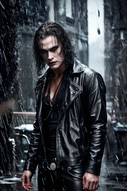 (best quality, ultra-detailed, realistic:1.37), intense lighting, monochromatic color palette, horror, close-up portrait, wet effect, dramatic expression, blurred background, wet streets, raining, reflection on his skin, dark city lights, man on his 30 yo brandon lee, the crow movie, pale skin, the crow movie make up, shiny, intense stare, gloomy ambience, hauntingly beautiful, mysterious atmosphere, close up, a crow on his shoulder, mid distance shot, naked thorso , red liquid on his hands and forearms, black leather trousers,  chains, black boots, wet hairs ,wet body, cowboy shot, standing pose,  night time