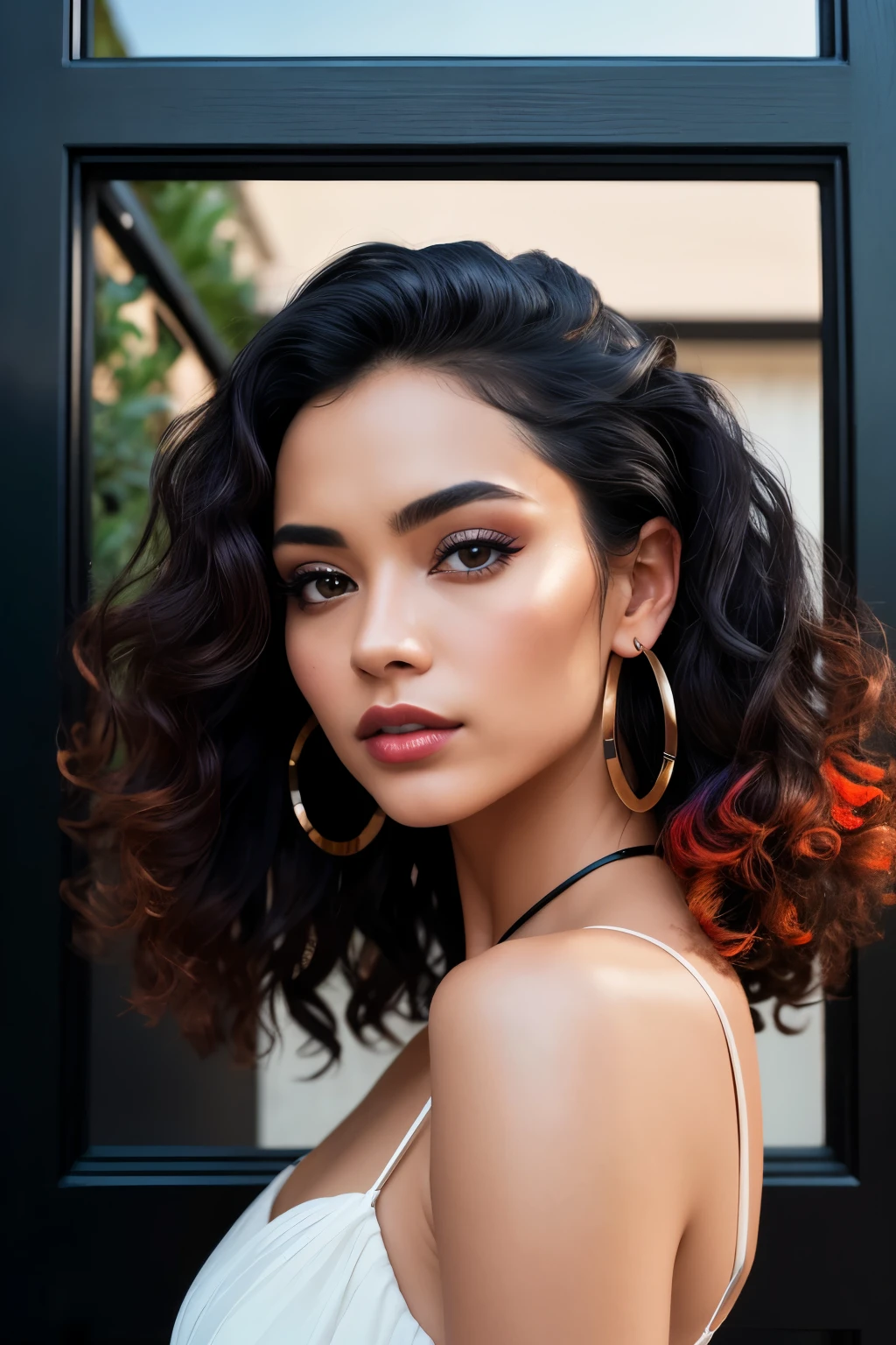Photo of a slim model, raw, Beautiful woman, ((Portrait)), (((Detailed face:1.2))), ((detailed facial features)), (smooth and finely detailed skin), black hair in loose curls, ((Outdoor environment)), Standing in front of an elegant black lacquer door, ((Realistic setting), Ultra Detail, minuscule imperfections), f/1.8, (high resolution), (Stunningly vivid colors), Canon EOS R6, 85mm Lens, Sharp and crisp focus, (Photographic artistry), (High definition), (Dramatic shadows), (Bold and captivating), (Masterpiece).