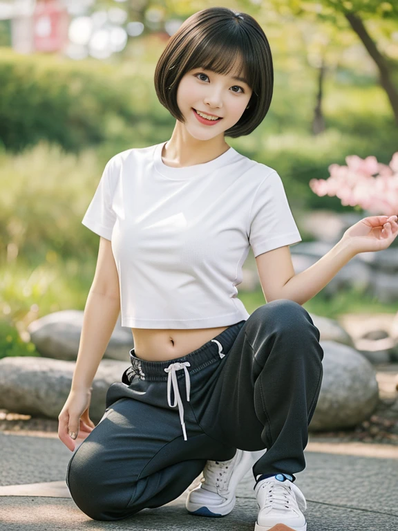 top-quality,masterpiece,Raw photography,8K,Top image quality,hight resolution, 18 years old Japanese female idol ,Beautuful Women,cute Japanese girls, Pretty Woman ,Beautiful face in every detail, aegyo sal ,small head, seductive smile ,Realistic human skin, pale skin ,cut model , Short hair ,bowl cut ,skinny body ,t-shirts,rib ,(low rise pants, waist shoes )  constriction, (navel focus), arched back,blurry background