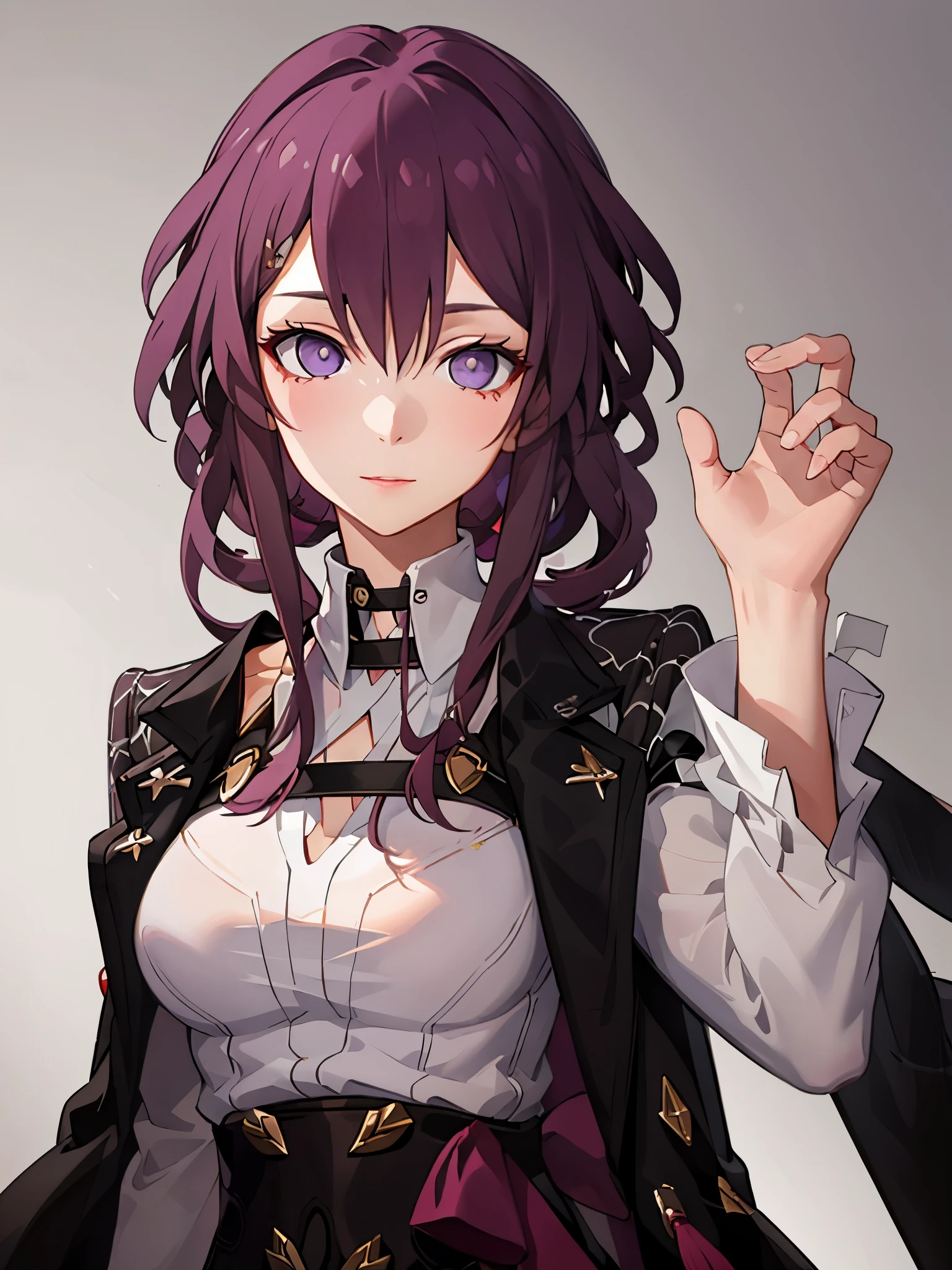 (Higher resolution, distinct image) Best Quality, Women's masterpieces, Highly detailed, Semi-realistic, (large part of the body), long purple hair, Bangs, 18year old, 年轻, Closed Suit, Black and red flight suit, Aviator Suit, turtleneck shirt, Sharp face, (Golden eyes, hair between eye), fluorescent long coat (Broken glass), (Smooth white background), Cold, Serious, authoritative, Powerful, (standing painting), (Exquisite facial features, Exquisite facial features)