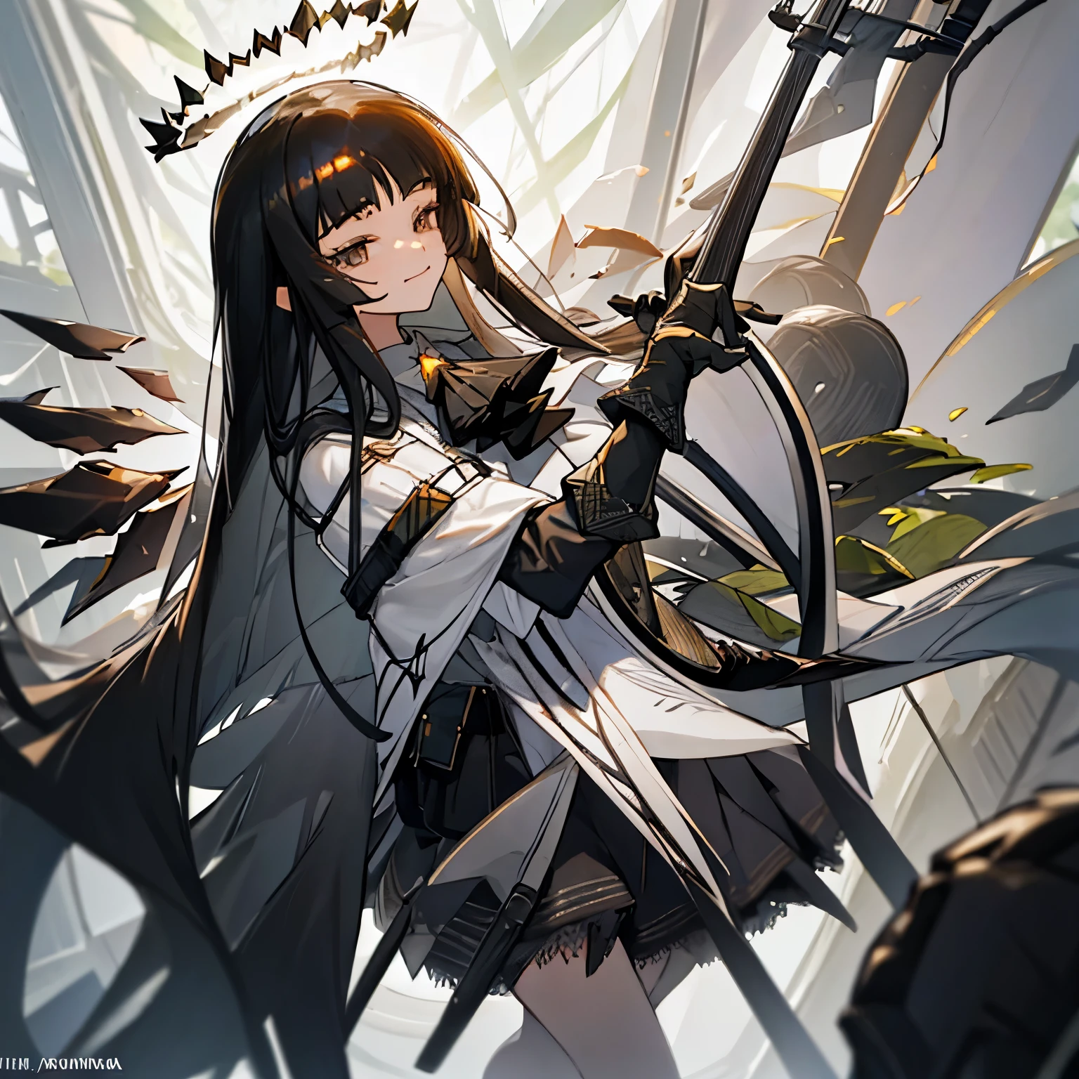 virtuosa_arknights,long_hair, bangs, black_hair, halo, smile, closed_mouth, ascot, very_long_hair, wings, black_eyes, blunt_bangs, masterpiece,no errors, perfect face, perfect body