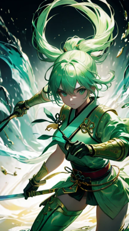 Beautiful female samurai swordsman wearing a pastel green outfit.: Create an image showing a samurai warrior demonstrating great swordsmanship., With his sword, he cut through his opponents., Showing off his unrivaled abilities., epic, 8ก