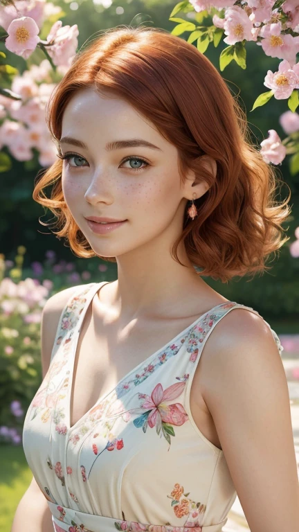 (best quality,4k,8k,highres,masterpiece:1.2),ultra-detailed,(realistic,photorealistic,photo-realistic:1.37),red-haired girl,short hair,pinched eyes,porcelain-like skin,delicate features,expressive eyebrows,rosy cheeks,soft pink lips,sparkling green eyes,playful smile,freckles on her cheeks,youthful appearance,flowing red curls,gazing directly at the viewer,standing in a vibrant garden,floral surroundings,with colorful blossoms,delicate petal details,green foliage,ray of sunlight casting a warm glow,crisp air of a summer day,colorful butterflies dancing around her,her red dress flowing in the breeze,creating a striking contrast against the greenery,full of energy and life,a sense of freedom and joy captured in the scene,artistic interpretation with a touch of impressionism,vibrant colors and brush strokes,evoking a sense of happiness and tranquility.