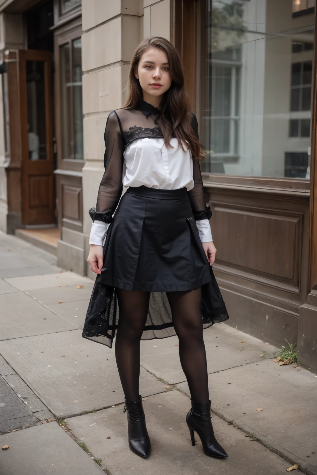 beautiful 14 years old girl, black lace blouse, midi skirt, tights, blue eyes, 1m65, 45kg, high heels low boots