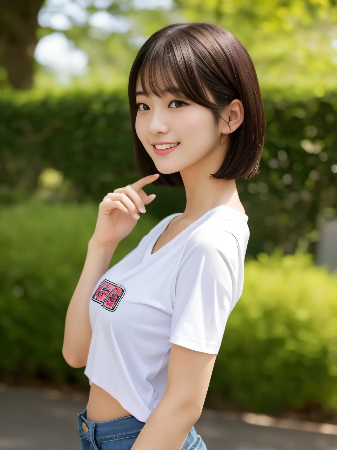 top-quality,masterpiece,Raw photography,8K,Top image quality,hight resolution, 18 years old Japanese female idol ,Beautuful Women,cute Japanese girls, Pretty Woman ,Beautiful face in every detail, aegyo sal ,small head, seductive smile ,Realistic human skin, pale skin ,cut model , Short hair skinny body ,Sweat, big size t-shirts, clavicle ,low rise pants,from side, model pose ,face focus