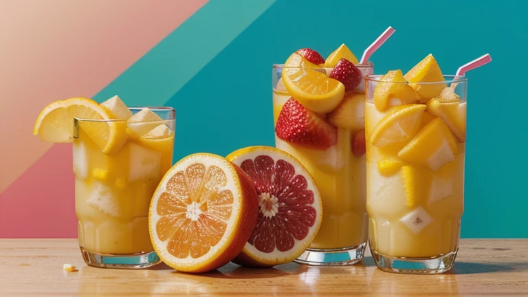 Crie uma imagem para ser usada de fundo, que tenham copos de suco com suas frutas do lado, com fundo levemente borrado e claro