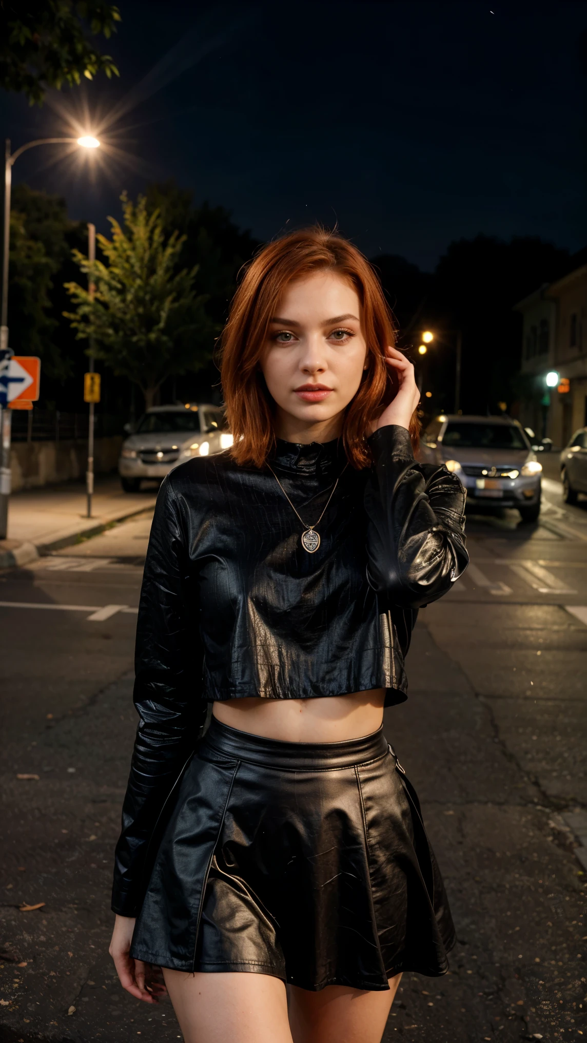 (perfect lighting, Perspectiva perfeita, 8k raw,Russian girl, Russian traits, natural red hair,1girl, maxilar bonito, Alto detalhado, peitos perfeitos, realistic, 8k raw,rosto detalhado, Red hair, olhando para o espectador, jewelry, (franja) sardas (olhos azuis) cabelo curto, corpo inteiro, short hair style, short red hair style) meias pretas, Gothic style, Black skirt, meia-noite, flash, parking, estacionamento de carros, night ligthning,